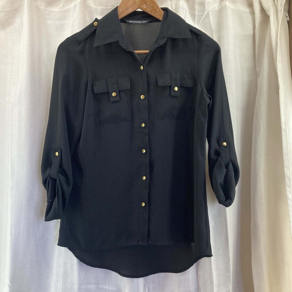 Zac & Rachel Button Up Shirt Top Petite Small Black Roll Tab Long Sleeve